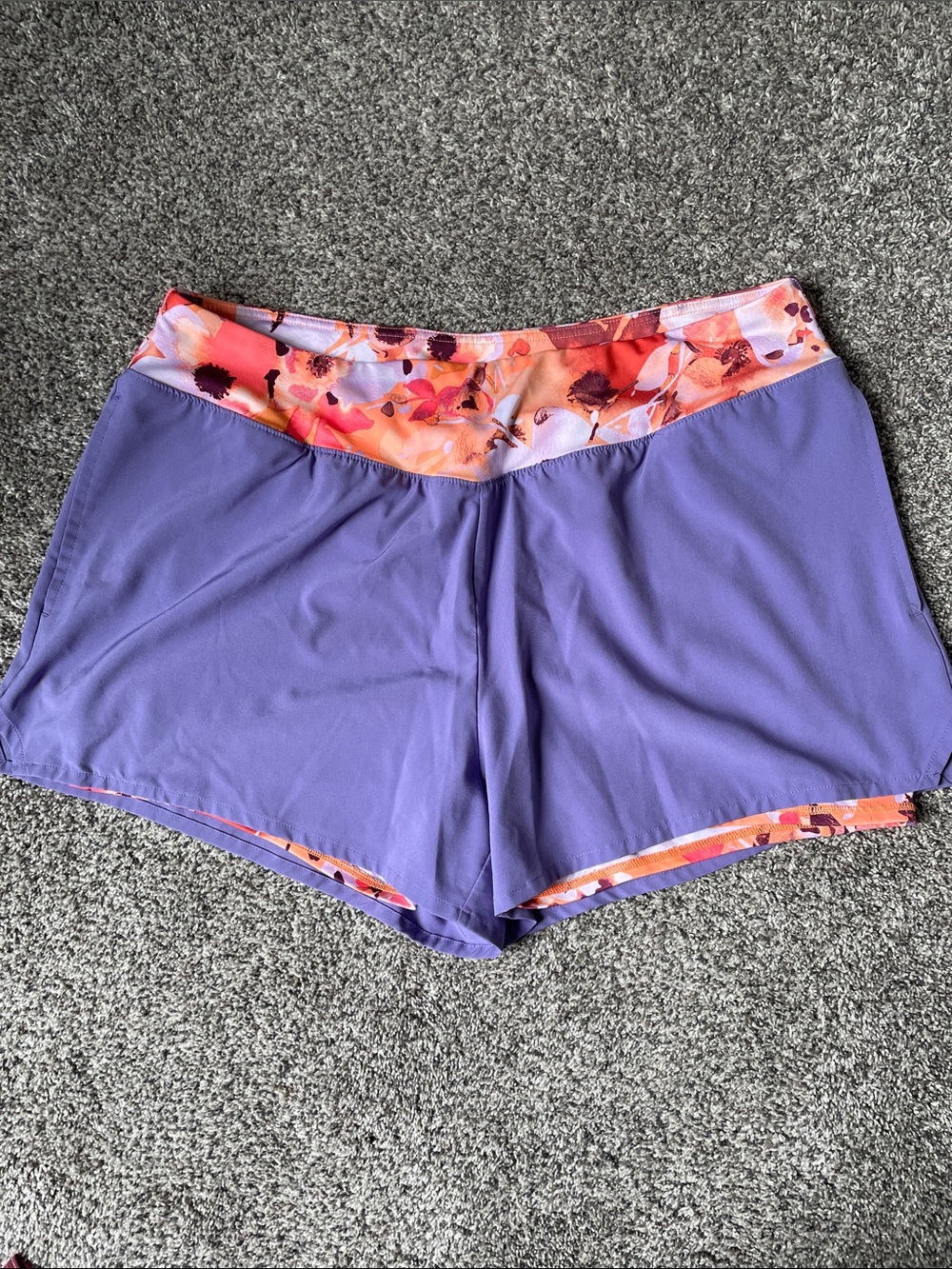 tek gear lavender athletic shorts with floral orange waistband.  Size XXL.